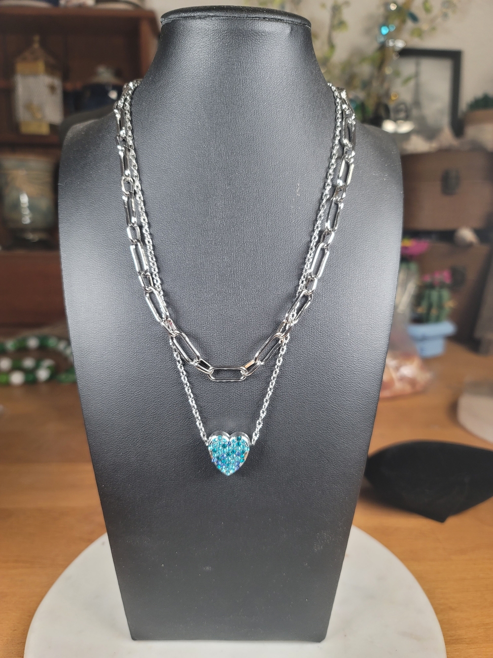 paparazzi Silver Layered Necklace Blue Heart Pendant